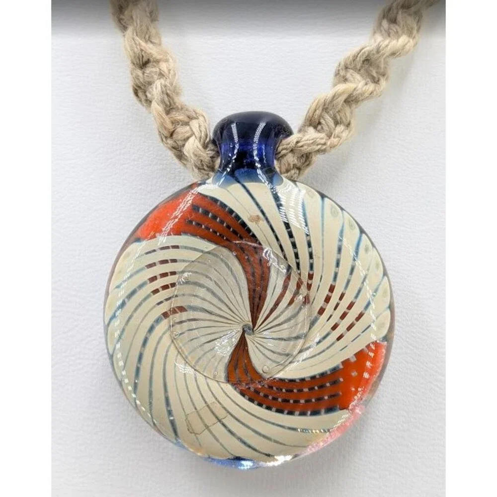 Art Glass Vortex Implosion Pendant Necklace Orange Blue Hemp Cord 21 Inch 34mm - Picture 9 of 12